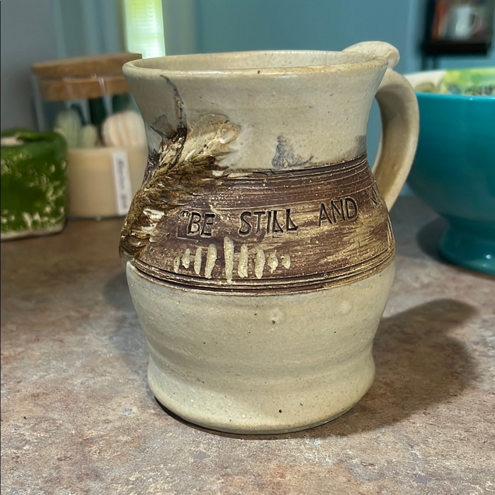 Handmade Rustic Cream and Brown Ceramic Mug featuring Psalm 46:10